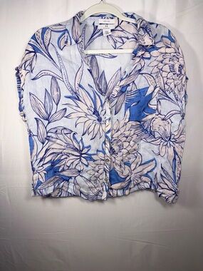 Halston Women Short Sleeve Blue 100% Linen Floral Button-Down Shirt Size Medium